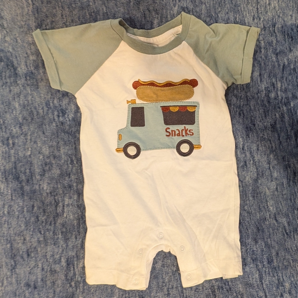 PL Baby 12M Green and White Romper with Snack Truck Design